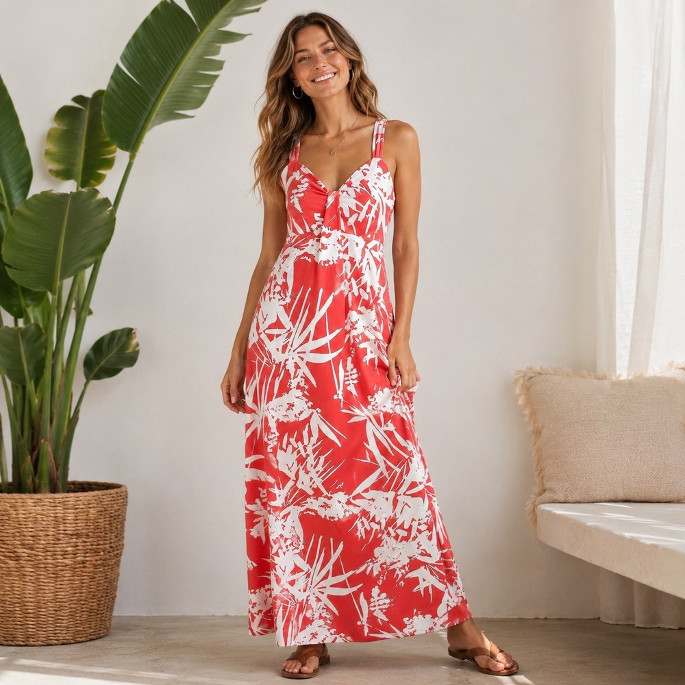 Linea Donatella Coral White Tropical Print Sleeveless Maxi Dress Size L READ